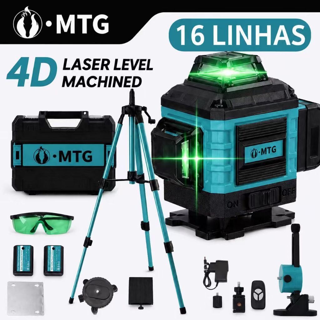 Kit De Nível Laser Verde 16 Linhas 4d Autonivelante Com 2 Baterias Nivel A Laser Com Caixa