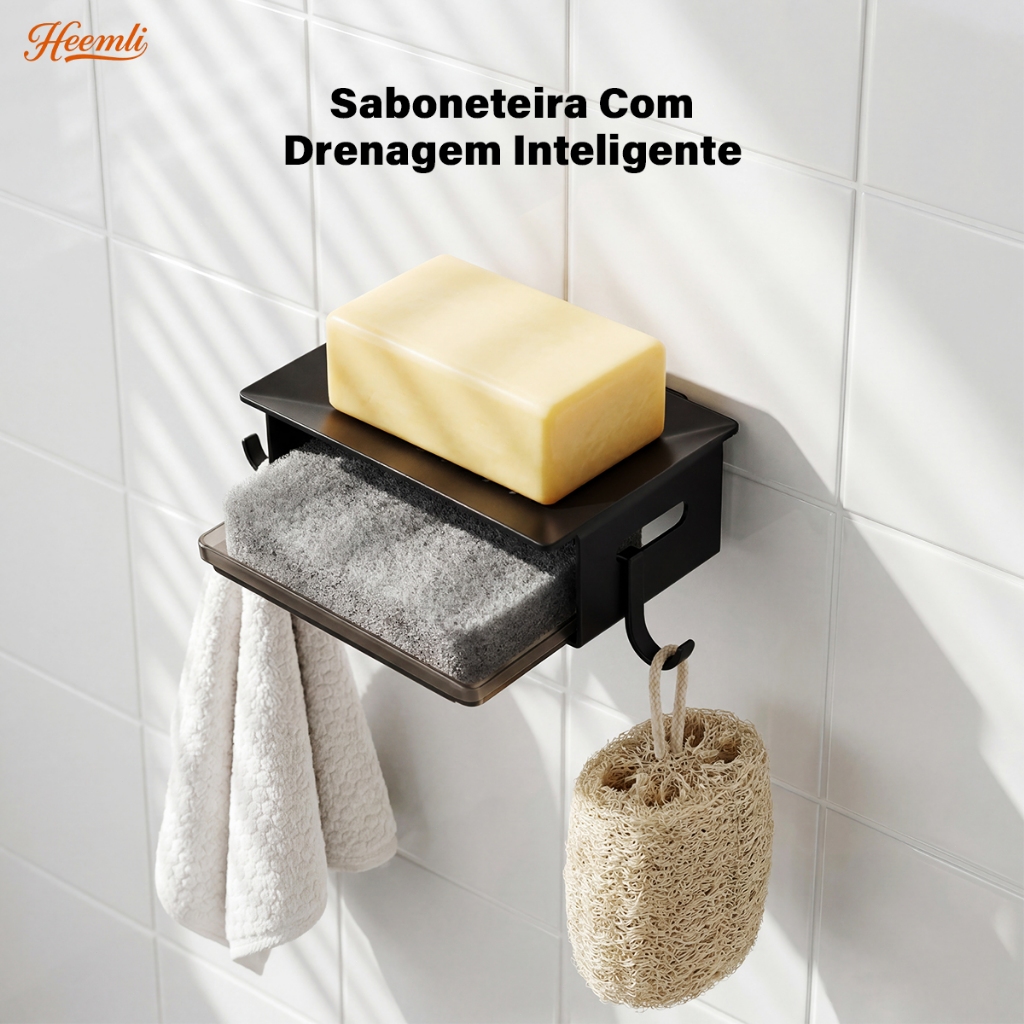 Heemli Suporte de Sabonete de Parede em Alumínio com Drenagem e Ganchos para Banheiro