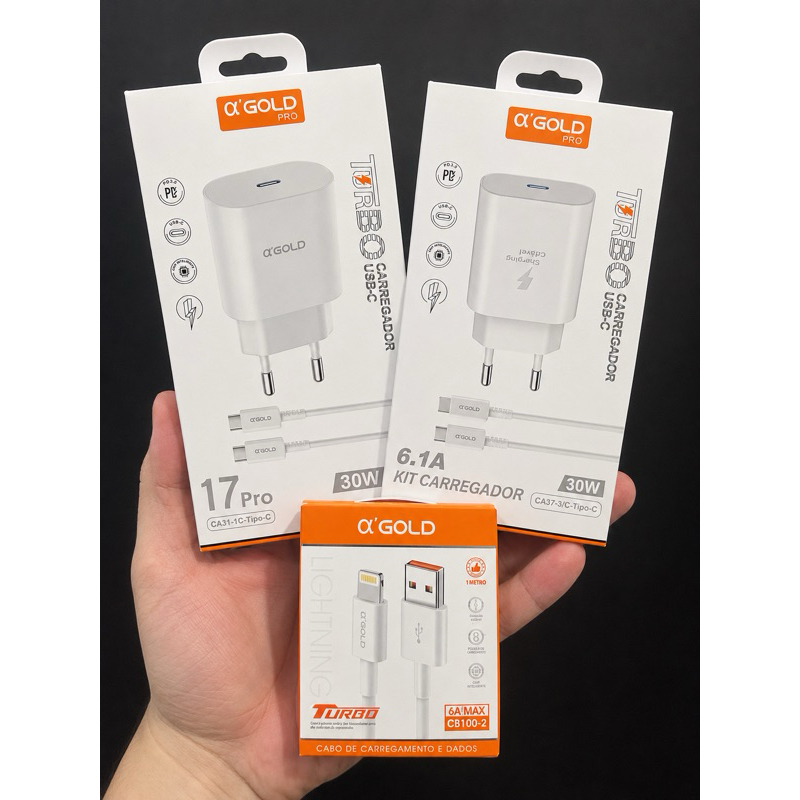 Cabo Carregador USB Tipo C e Lightning iPhone 2.4A Turbo 1 Metro Reforçado A Gold