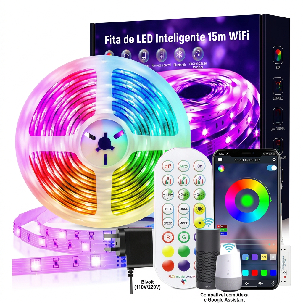 Fita Led RGB 15m/20m Smart Wi-fi  Inteligente Com Controle Luz Alexa E Google Assistente