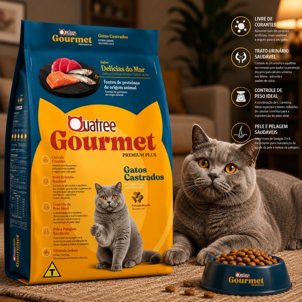 Ração Quatree Premium Gourmet Gatos Adultos Castrados Sabor Peixe Delícia do Mar 10kg