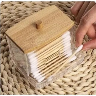 Porta Cotonete Retangular com Tampa de Bambu Special My Box Lyor 9x7,5x8,5cm