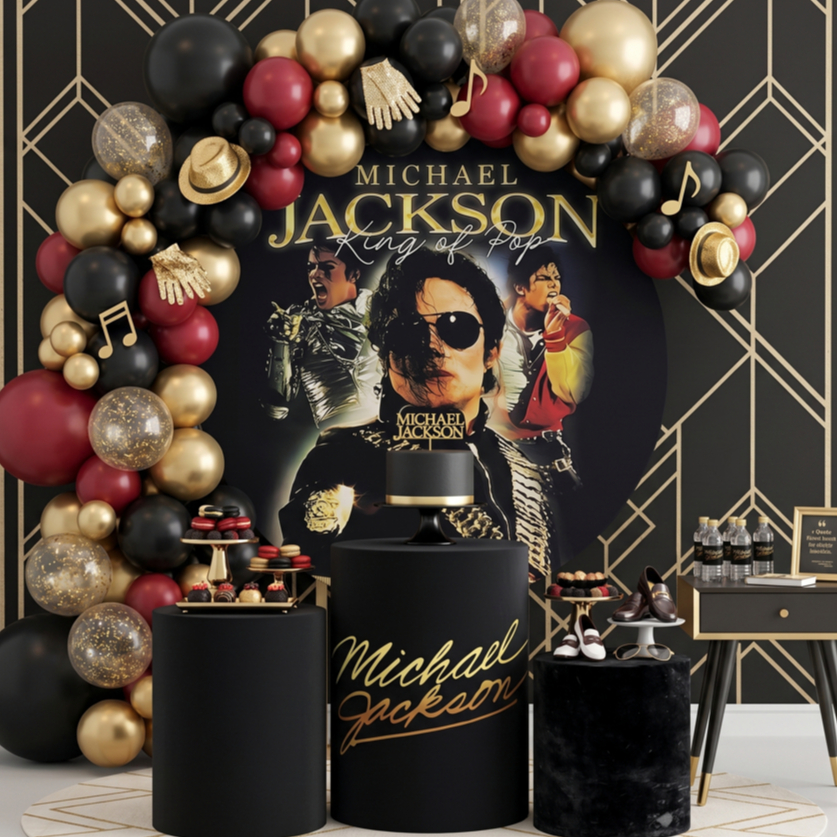 Kit Capas Painel Festivo + Trio Cilindros Tema Michael Jackson Decoração Aniversário Rei Do Pop Lançamento Bibi