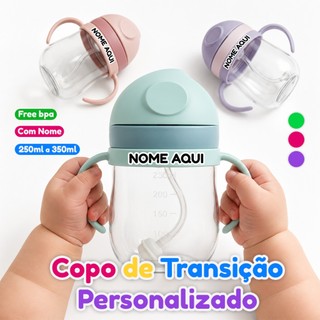 Copo Transição Infantil 350ml Personalizado NOME - Antivazamento Resistente Canudo Alça Criança Bebê