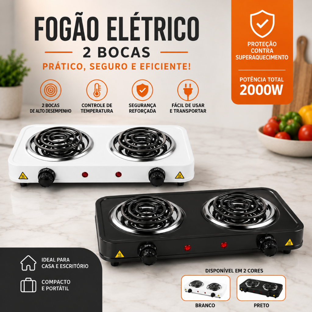 Fogareiro Elétrico 2 Bocas Portátil Camping Cooktop Cozinha 110v 220v Viagem Premium Cooktop