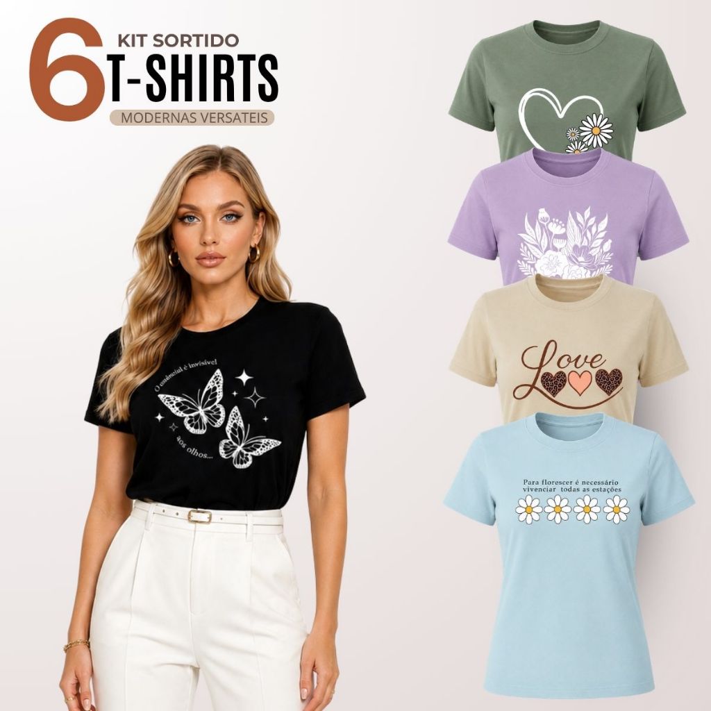 Kit 6 Blusa Feminina Baby Look Gola Redonda Manga Curta 100% Algodão