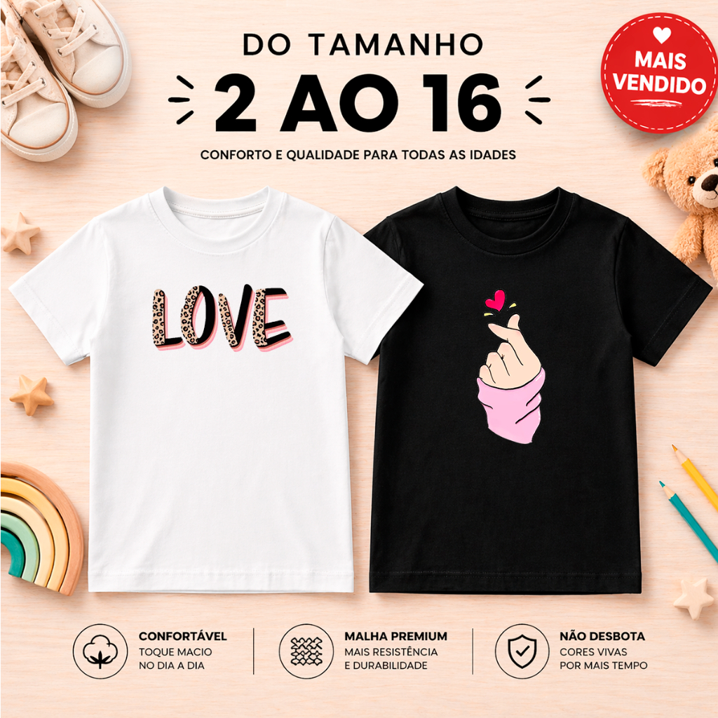 Kit 2 Camisetas Infantil Feminina Criança Juvenil Bebê 100% Algodão Passeio Casual Coração Coreano
