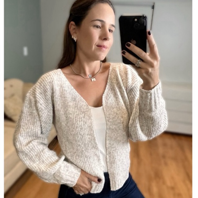 Casaco Cardigan Curto de Tricot Mousse Bolero Fang Manga Longa Casaqueto Feminino Inverno