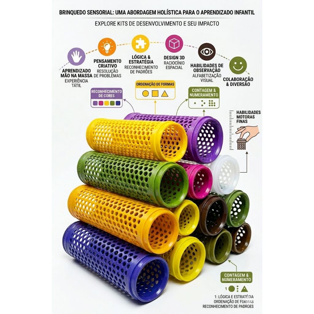 15 Cilindros Plástico Vazado Brinquedo Pedagógico Encaixe - Montessori - Bebê - Atóxico - Cores Diversas - Brinquedo