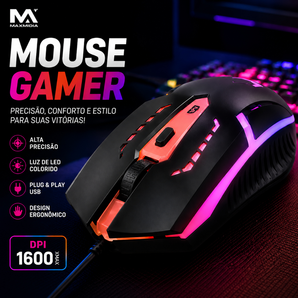 Mouse Gamer Óptico USB Com Fio 1500 DPI RGBS Preto 4 Botões Cabo 1,5m Clique Silencioso Dynasty PC Notebook Gamer