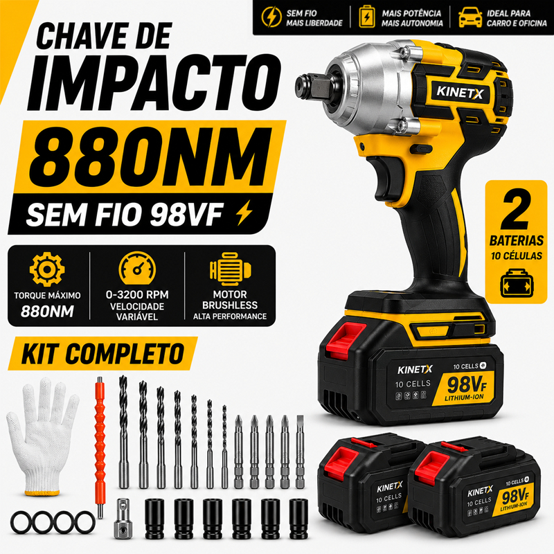 Chave De Impacto 880Nm Kinetx Motor Brushless Sem Fio Parafusadeira Furadeira Profissional 2 Baterias 98Vf Kit Acessório
