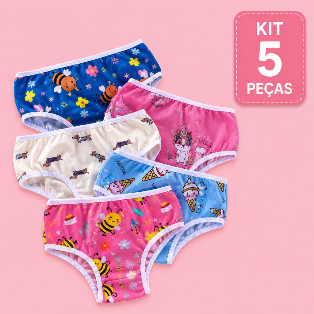 Kit 5 Calcinhas Infantil Menina 100% Algodão Estampas Sortidas Confortável