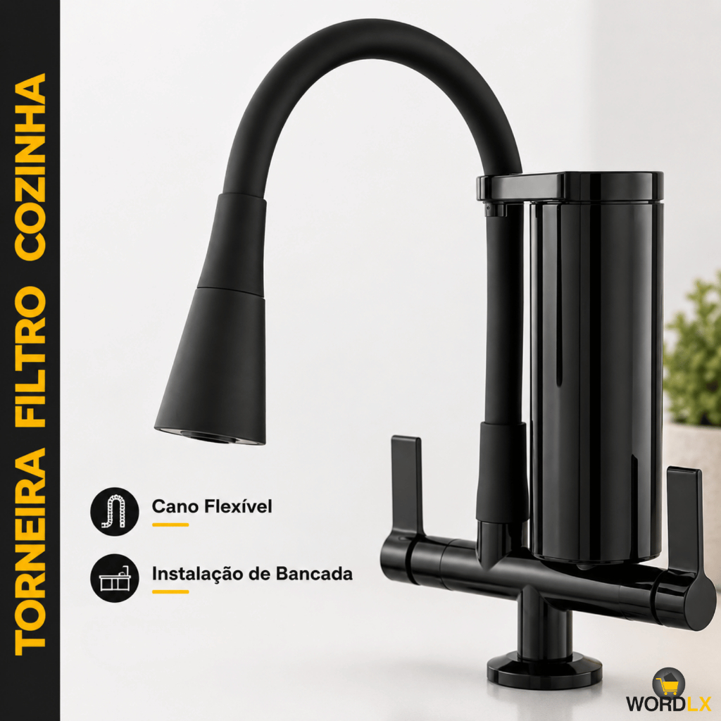 Torneira Filtro Gourmet Pia Bancada Cozinha Mesa Cano Flexível 02 Jatos C70 Preta