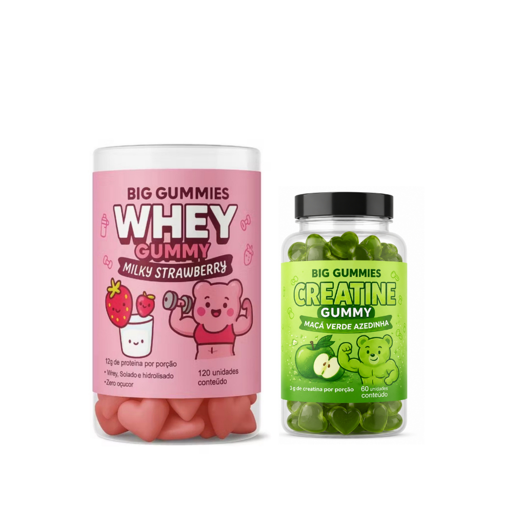 Kit Big Gummies: Whey Iso Gummy Morango Zero Açúcar 120un + Creatina Maçã Verde 3g 60un