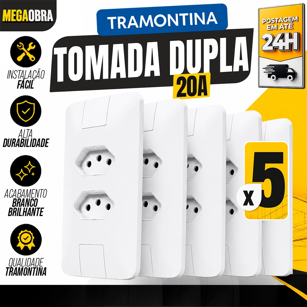 Kit 05 Tomada Dupla 20A Tramontina Linha Aria 4x2 Modular Duas Tomadas Pino Grosso