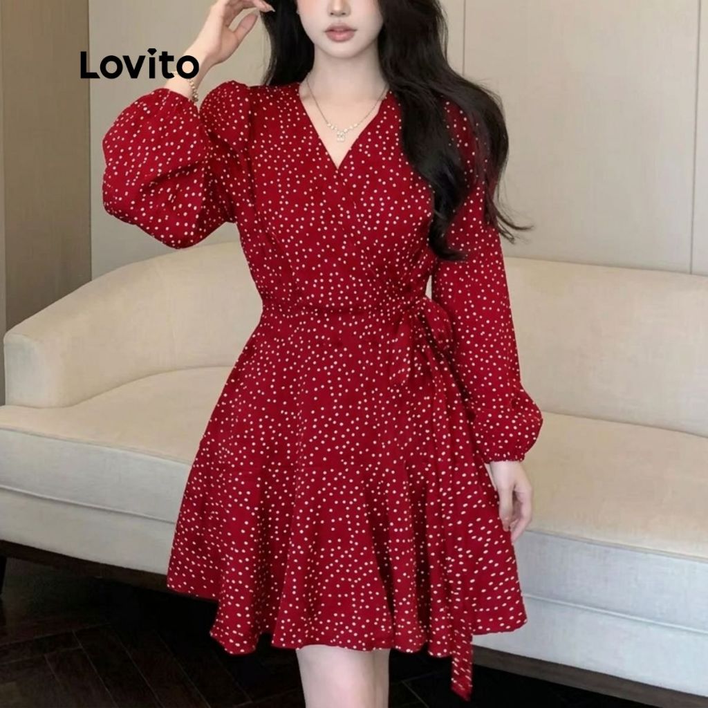 Imagem Lovito Vestido com Manga Longa e Decote Transpassado DRNS27EX238