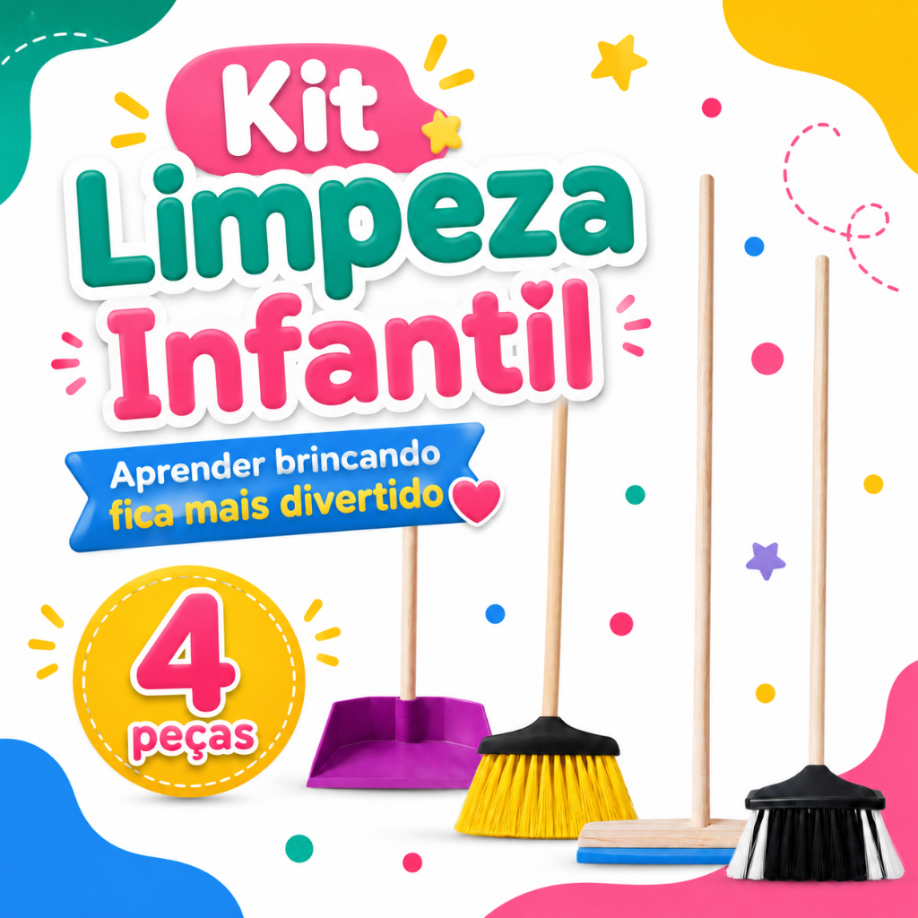 Kit Faxina Infantil Brinquedo Educativo Vassoura Rodo Pá de Lixo Criança Menina Menino Brinca Limpar