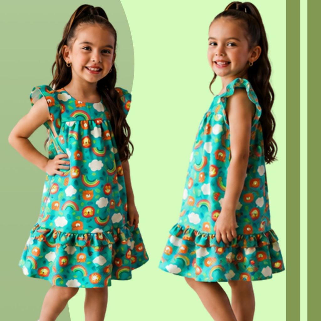 Vestido Infantil Menina Estampado Arco-Íris Leão Babado Rodado Festa Verão Manga Curta
