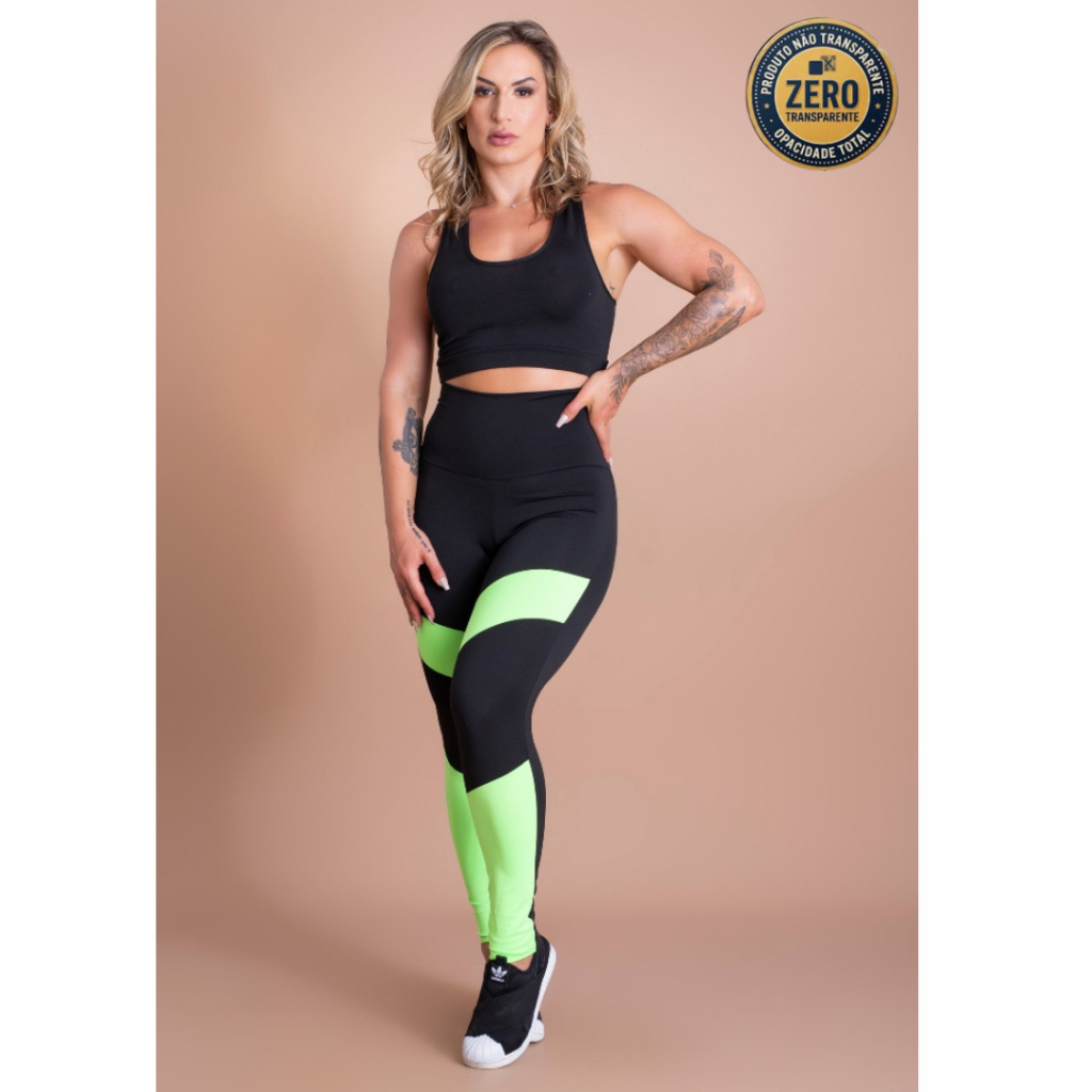 Conjunto Fitness Feminino Calça Legging Detalhe Cintura Alta E Top Nadador Liso Academia ZERO TRANSPARÊNCIA