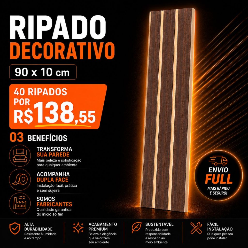 Kit 40 Placas Ripado Grande MDF Premium 90cmx10 Painel Parede Decorativo Autocolante Sala Tv Quarto