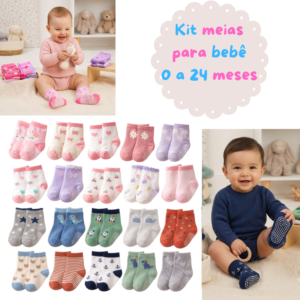 Kit 12, 6 e 3 Pares de Meias Bebê Menina ou Menino Antiderrapantes Confortáveis 0–24 Meses Fofa e delicada.