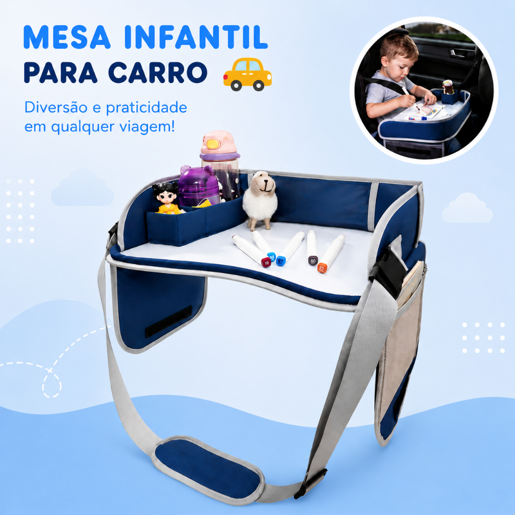 Mesa Infantil para Carro com Cinto Ajustável e Organizador – Ideal para Desenhar, Pintar e Comer