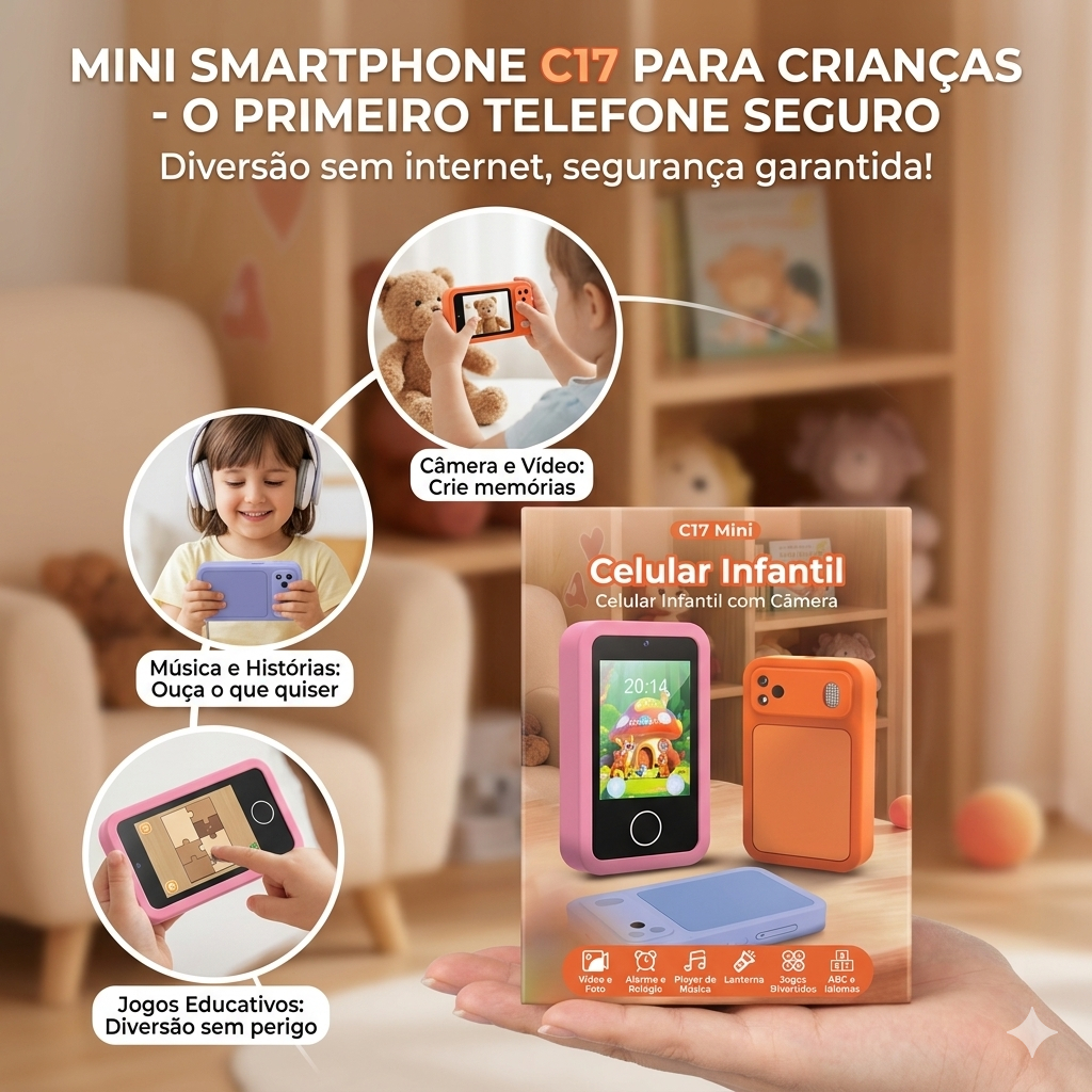 Smartphone Infantil Educativo C17 Mini Recarregável Com Jogos Música e Fotos