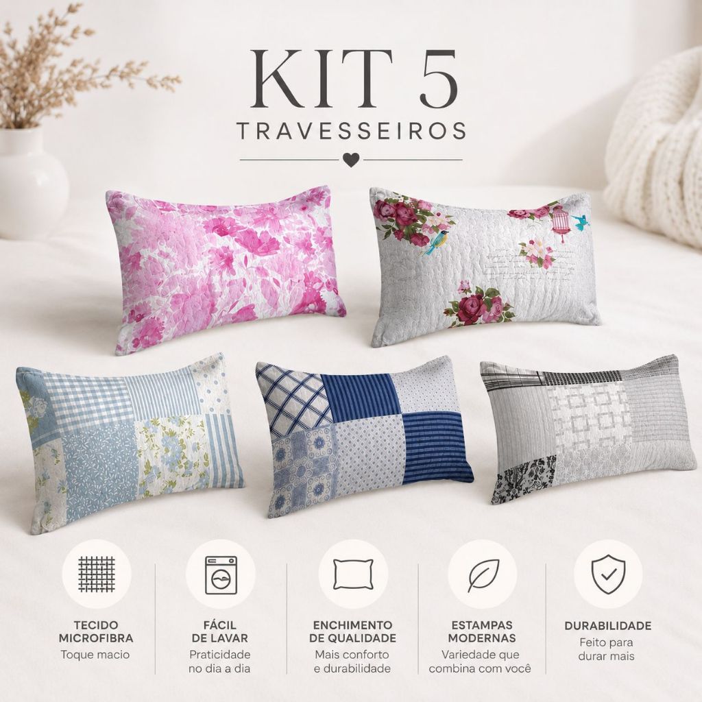 Kit 5 Travesseiros de Fibra Mista Estampado Grande Fofo Cheio