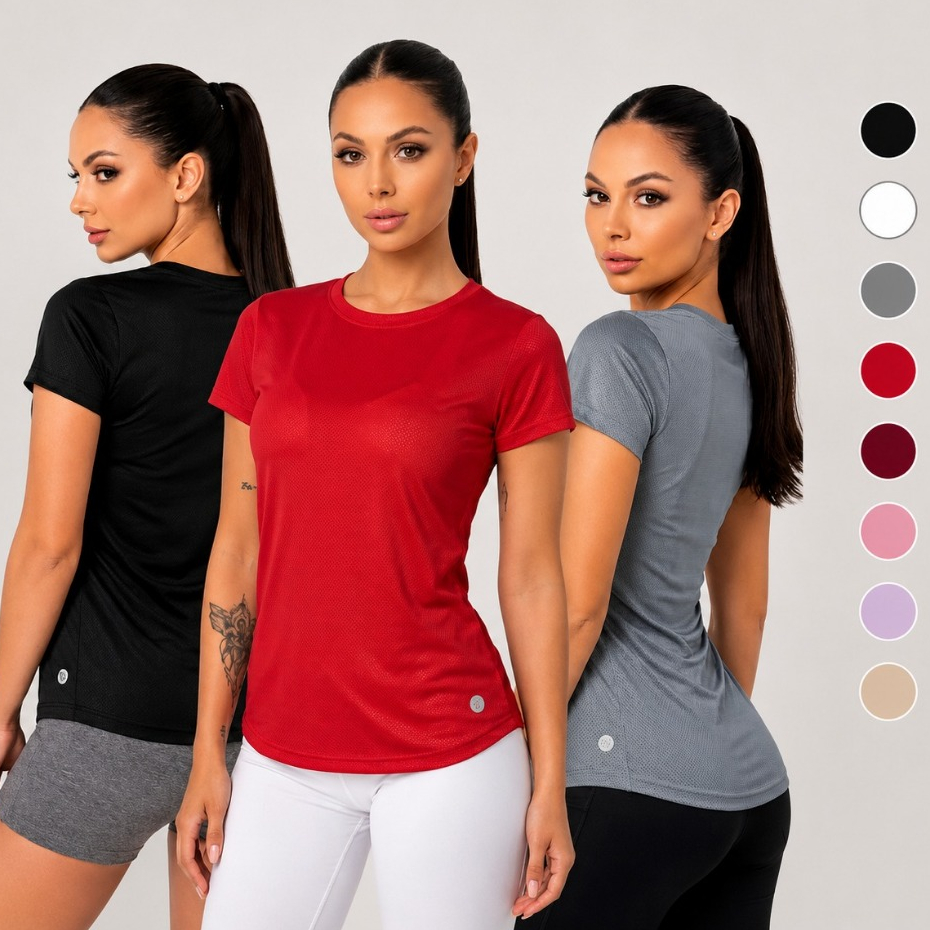 Kit 3 Camiseta Academia Feminina Dry Fit Anti Odor Blusa Treino Esportes Musculação Caminhada