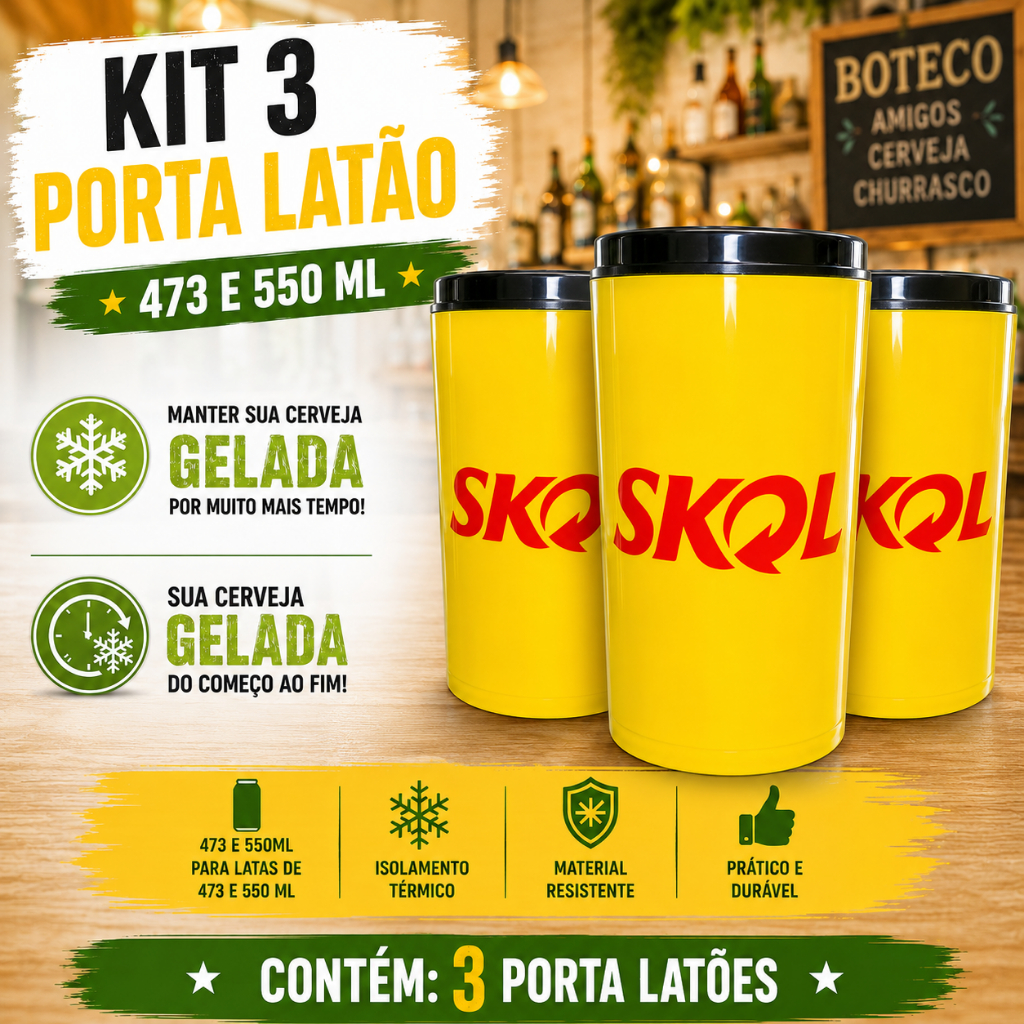 3 PORTA LATA 473ML SUPORTE CERVEJA LATÃO SKOL PILSEN