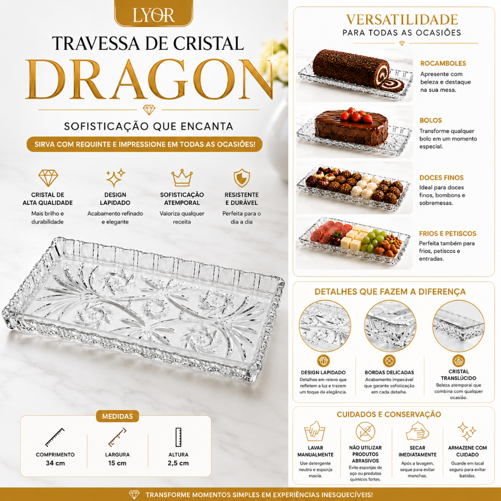 Lyor Oficial Travessa de Vidro Cristal Dragon Design Sofisticado 34x15x2,5cm -