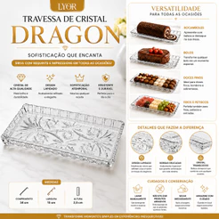 Lyor Oficial Travessa de Vidro Cristal Dragon Design Sofisticado 34x15x2,5cm -