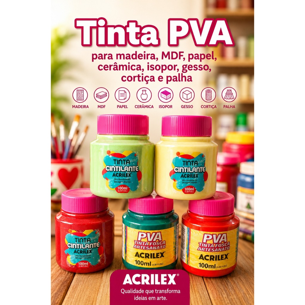 Tinta PVA Fosca Artesanato / Cintilante 100ml Acrilex