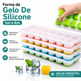 Forma Com Tampa Gelo 1 a 4un  Ice Flexivel Forminha Fundo Silicone 14 Cubo Alimentos Frut…