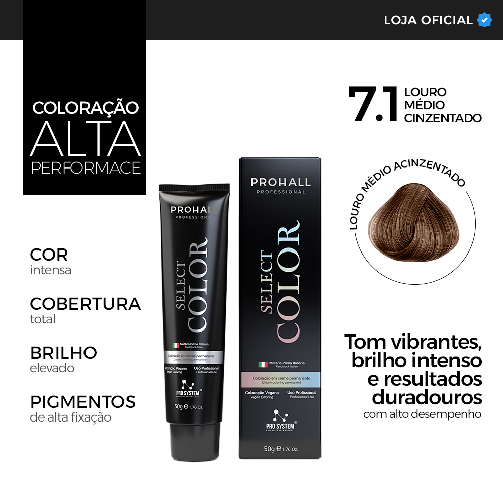 Coloração 7.1 Louro Médio Acinzentado Select Color Prohall 50g  Tom Frio, Brilho Acetinado e Cobertura Total de Fios