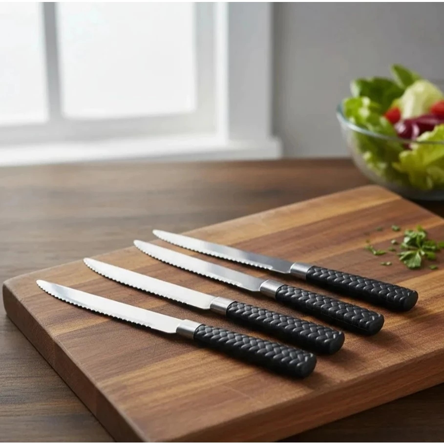 Kit 6 Facas Mesa Inox Cabo Preto Jogo Cozinha Corte Serrilha Durável Reforçado