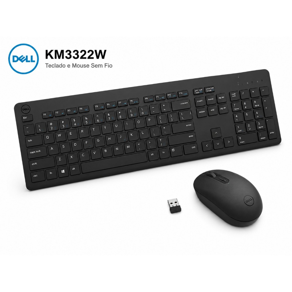 Kit Teclado e Mouse Sem Fio Dell KM3322W Wireless USB Preto Original Notebook PC Gamer Escritório Home Office
