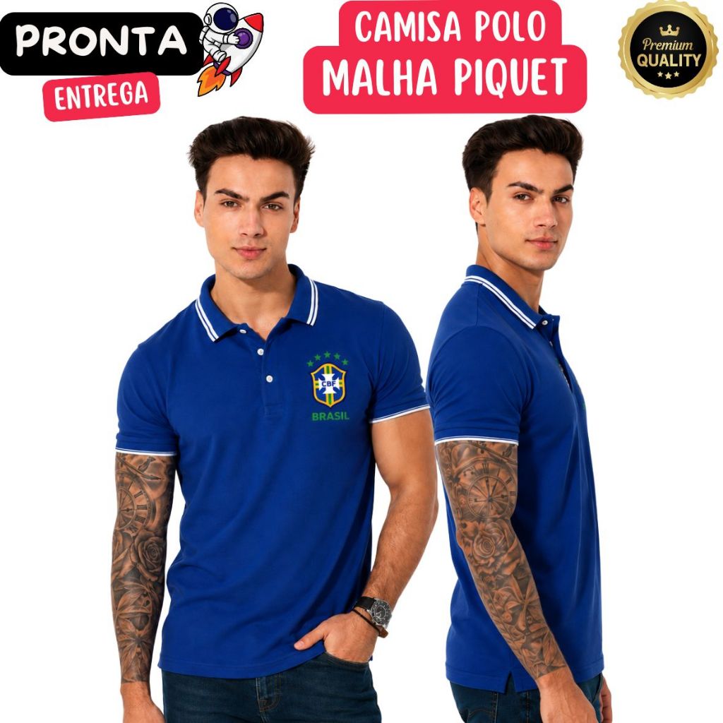 Camiseta Polo Do Brasil Azul Estilo Casual Torcedor Moda Masculina Camisa Para Copa