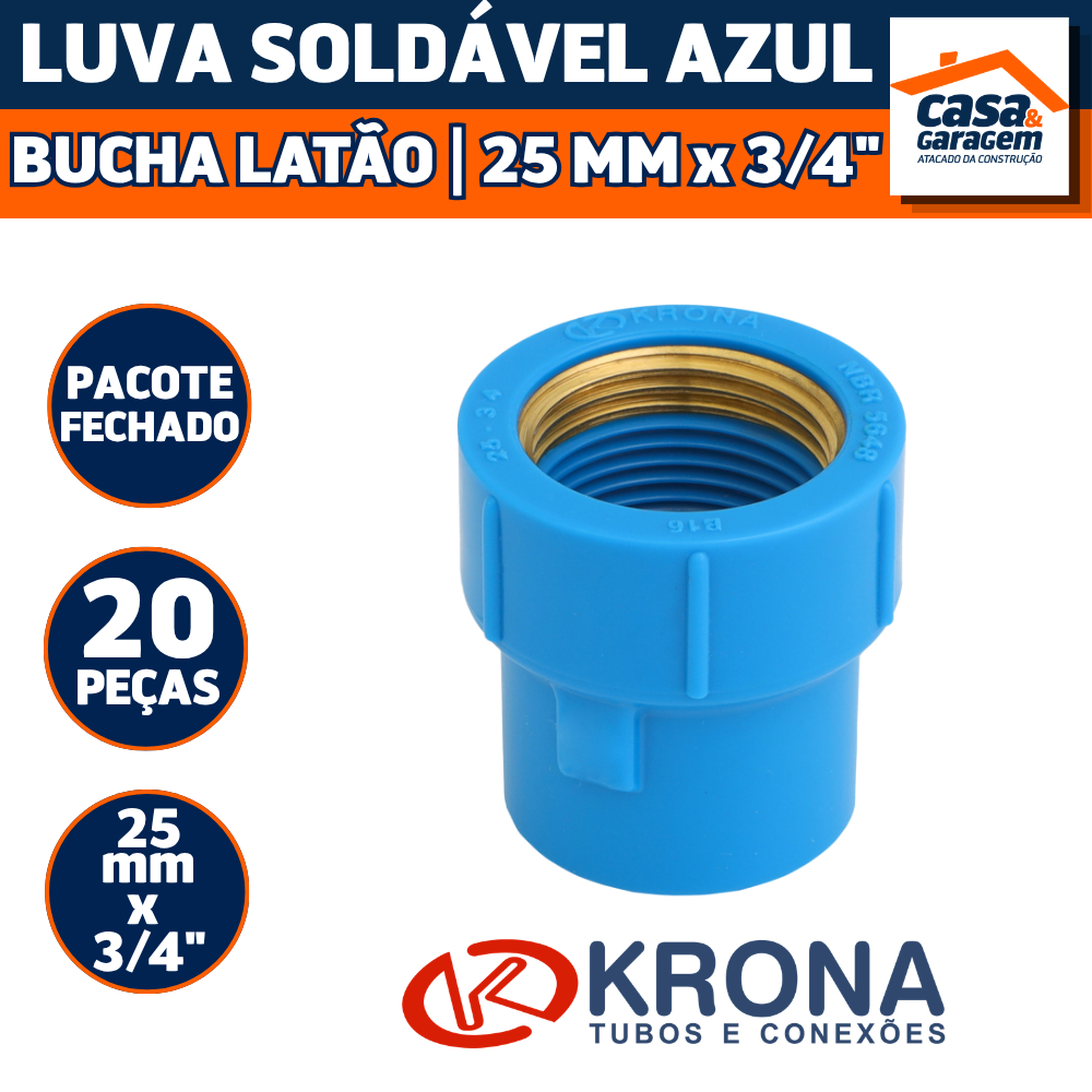 Kit Com 20 Luva Soldavel Azul Bucha Latao 25mm X 3/4" 502 Krona