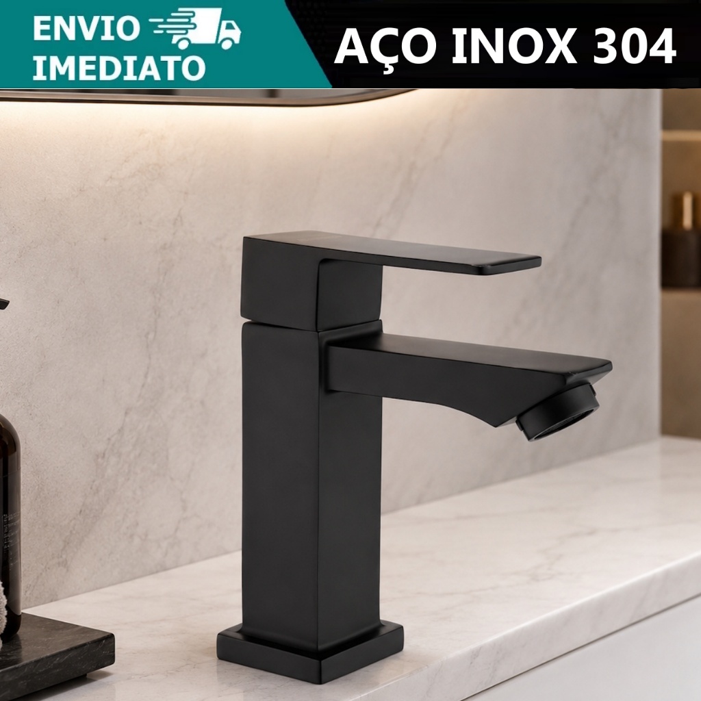 Torneira de Banheiro Lavabo Fria Quadrada 1/4 Volta Preto Fosco Aço Inox 304 Moderna Minimalista