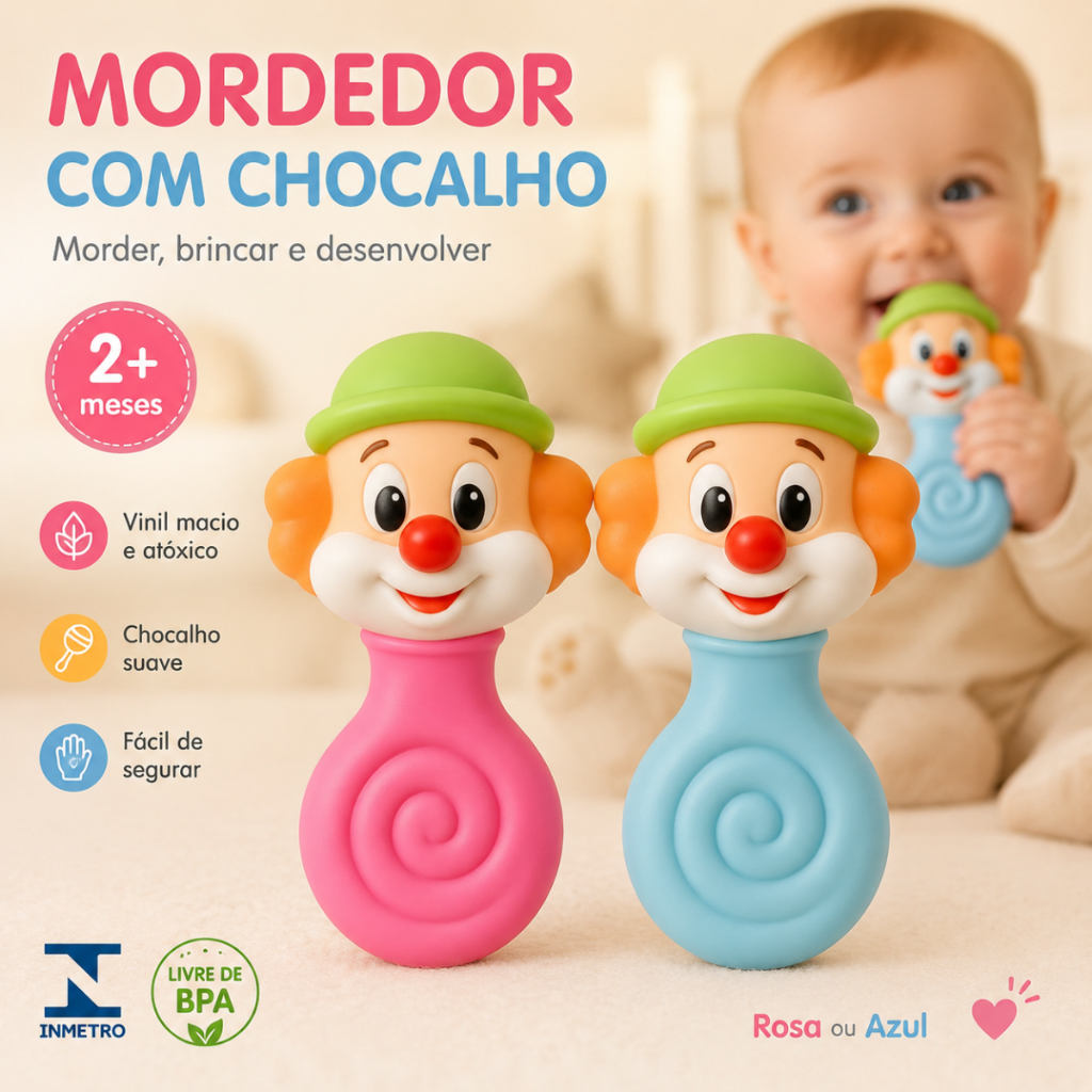 Mordedor Bebe Silicone Macio BPA Free Chocalho Sensorial Texturas Massageador Gengiva Dentição 2 Meses INMETRO