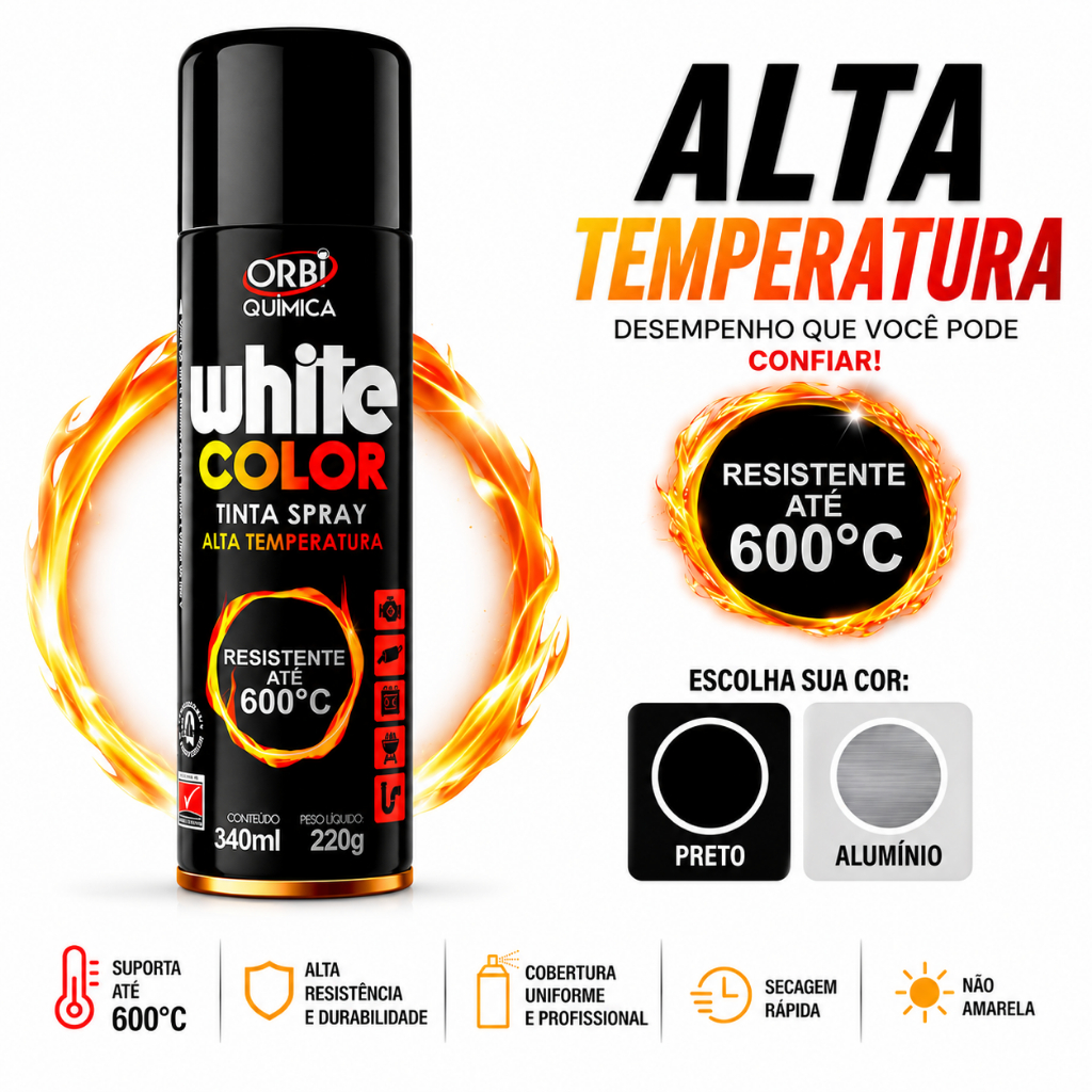 Tinta Spray Alta Temperatura 600 graus para Fornos Churrasqueira Escapamento Motor Alumínio e Preto