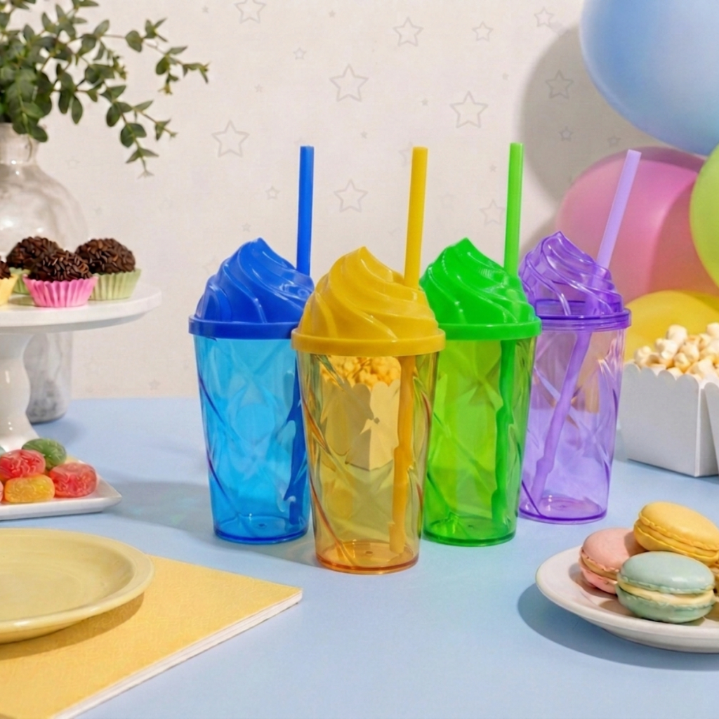 KIT 15 COPOS TWISTER 300ML TRANSLUCIDO COM TAMPA CHANTILLY E CANUDO PARA ADESIVAR E PERSONALIZAR