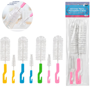Kit Higiene Bebê Escova Para Lavar Mamadeira Garrafa E Bicos Limpeza