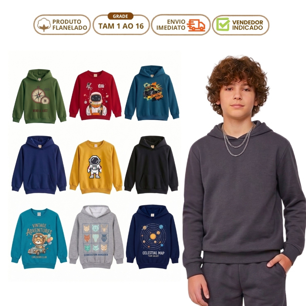 Kit 2 Blusa de Moletom Infantil Menino Capuz Casaco de Frio Inverno Agasalho Flanelado Quentinho Forrado Juvenil 1 ao 16