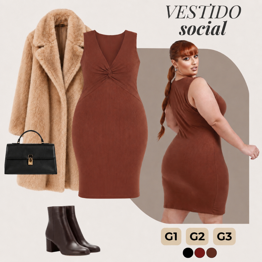 Vestido Feminino Midi Plus Size Elegante Decote V Modelador G1 ao G3