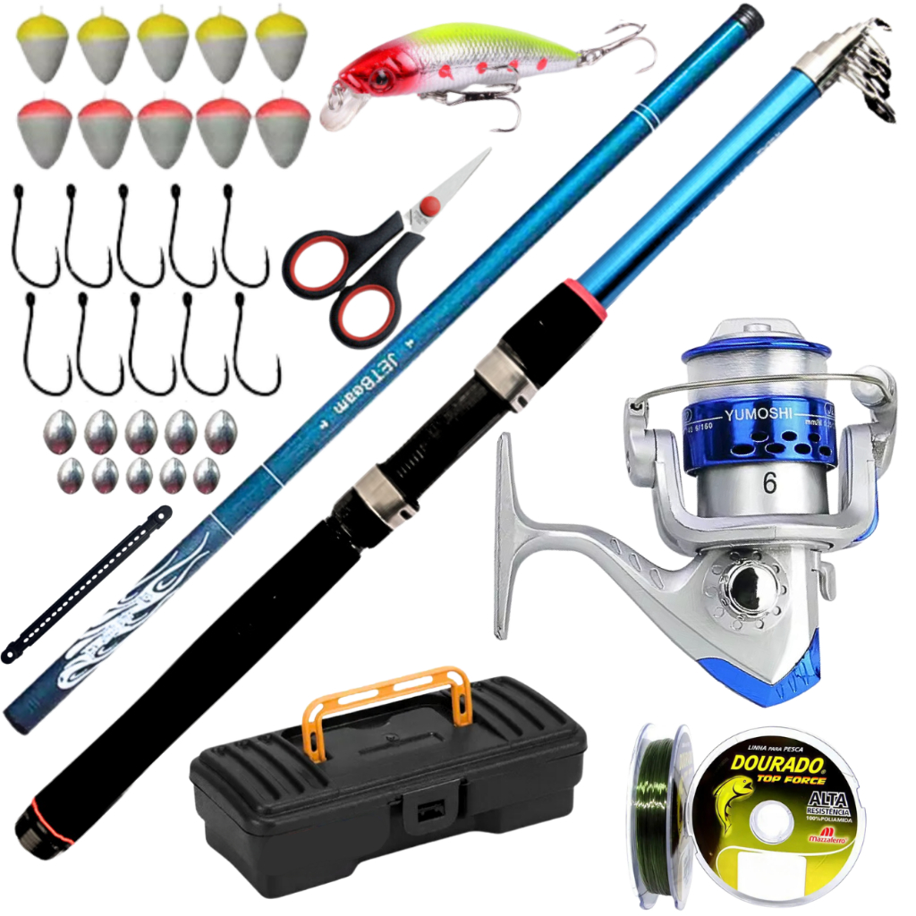 Molinete Vara de Pesca Telescopica Vara de Mão 3,60m Isca Artificial  Kit Pescaria Lambari Tilapia