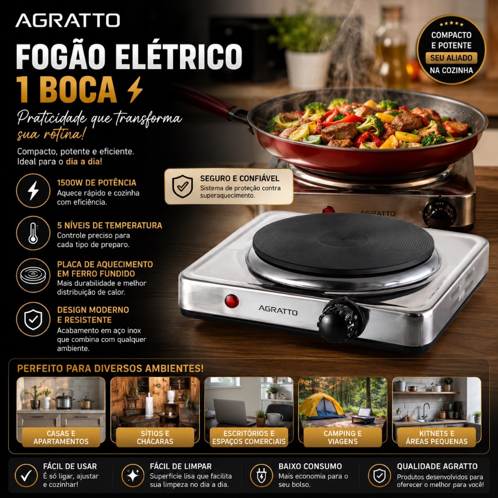 Fogão Fogareiro Elétrico Portátil 1 Boca 1500w De Mesa Camping 220v Agratto