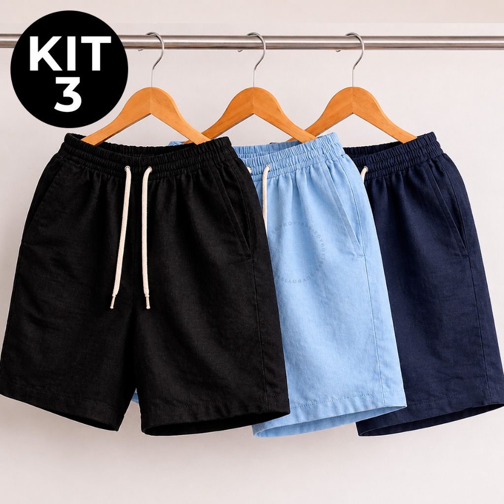 Kit 3 Short Linho Masculino Com Bolsos Premium Leve Casual Elástico Cordão Verão Confortáveis