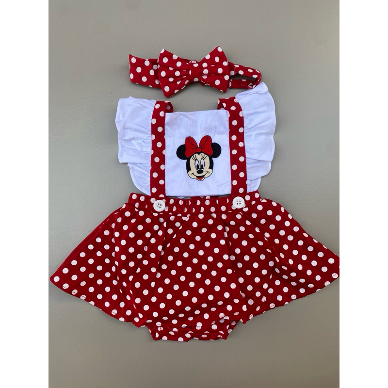 Jardineira romper Poa Minnie Vermelha Bebê Vestido Menina Temático Minnie Baby preto fantasia +laço de cabelo Disney